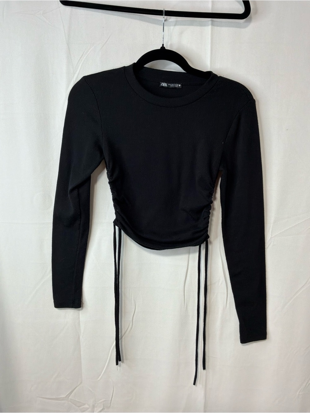 Zara Black Long-Sleeve Ruched Side-Tie Crop Top